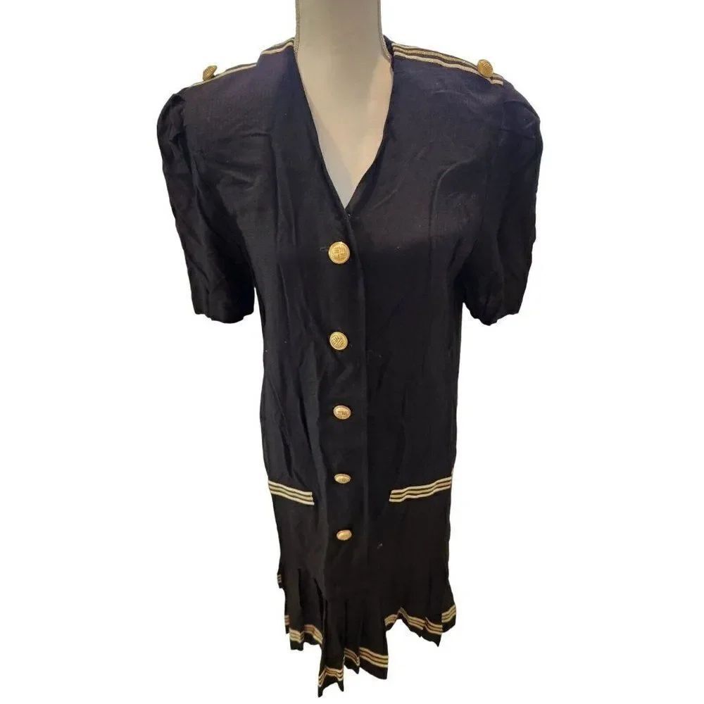 Vintage 80s Black Gold Button Midi Shirt Dress Nautical Sailor Drop Waist Pleats